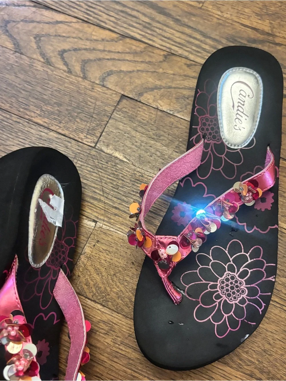 Candie's Black Sandals with Pink Floral Footbed and Beaded Pink Straps